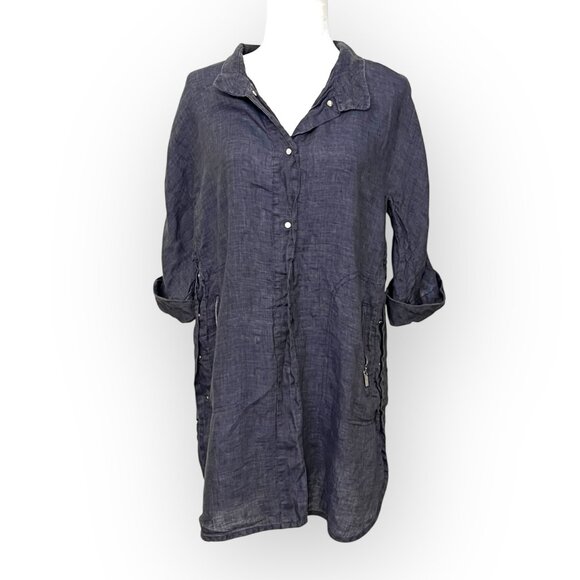 G.Botticelli 100% Linen M Tunic Dress Navy Gray Button Front 3/4 Sleeve Zip - Picture 2 of 13